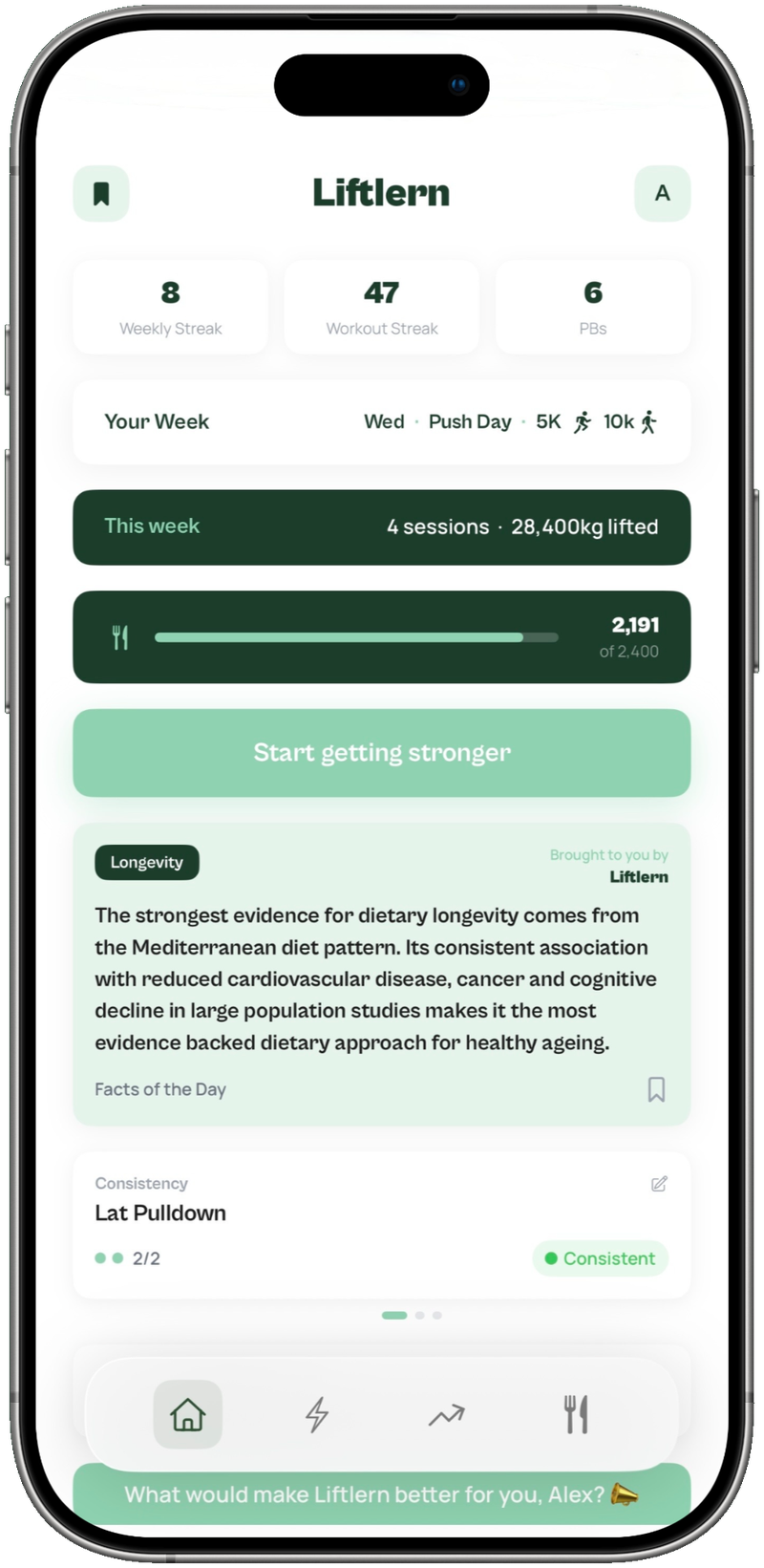 The Liftlern home screen showing your weekly streak, sessions and nutrition at a glance