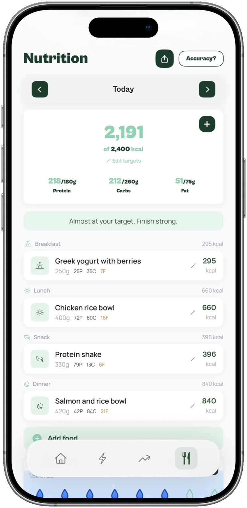 The Liftlern nutrition screen tracking calories and macros
