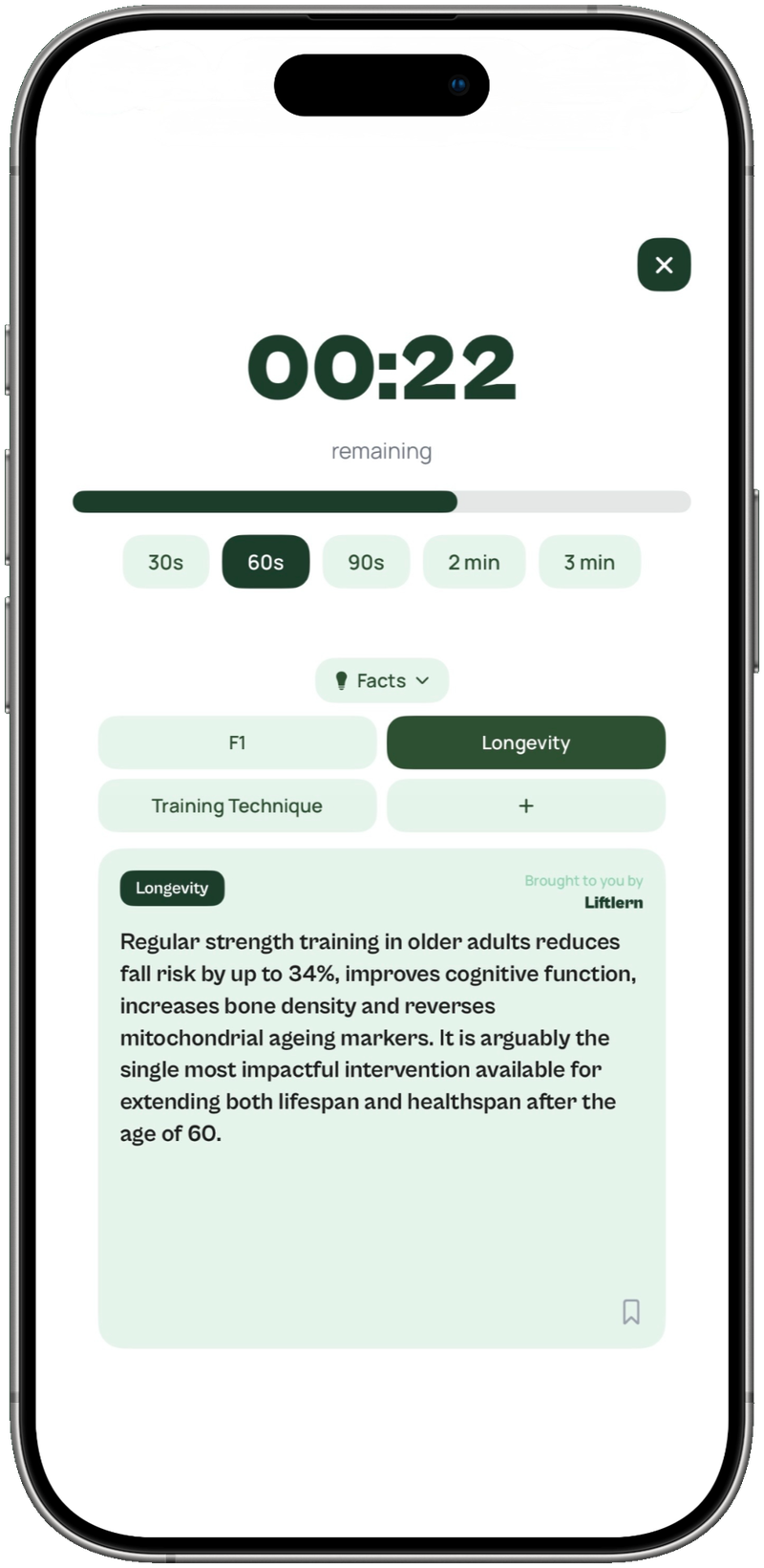 The Liftlern rest timer showing a Longevity fact during a 60 second rest
