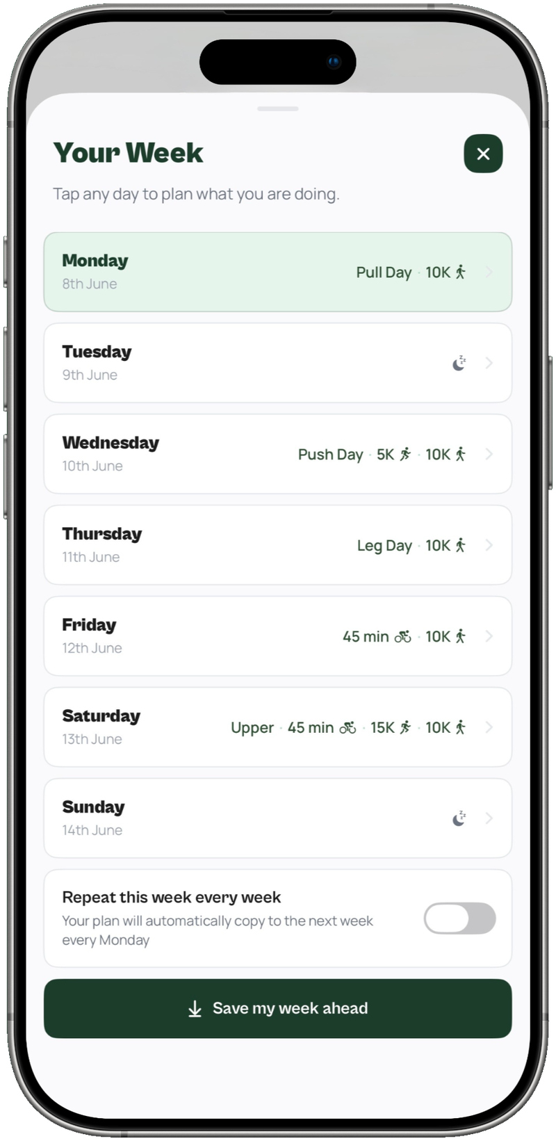 The Your Week planner in Liftlern with training days mapped out
