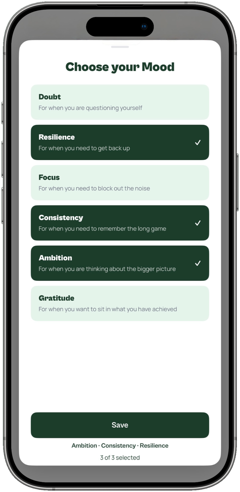 Choosing your mood in Liftlern from Doubt, Resilience, Focus, Consistency, Ambition and Gratitude