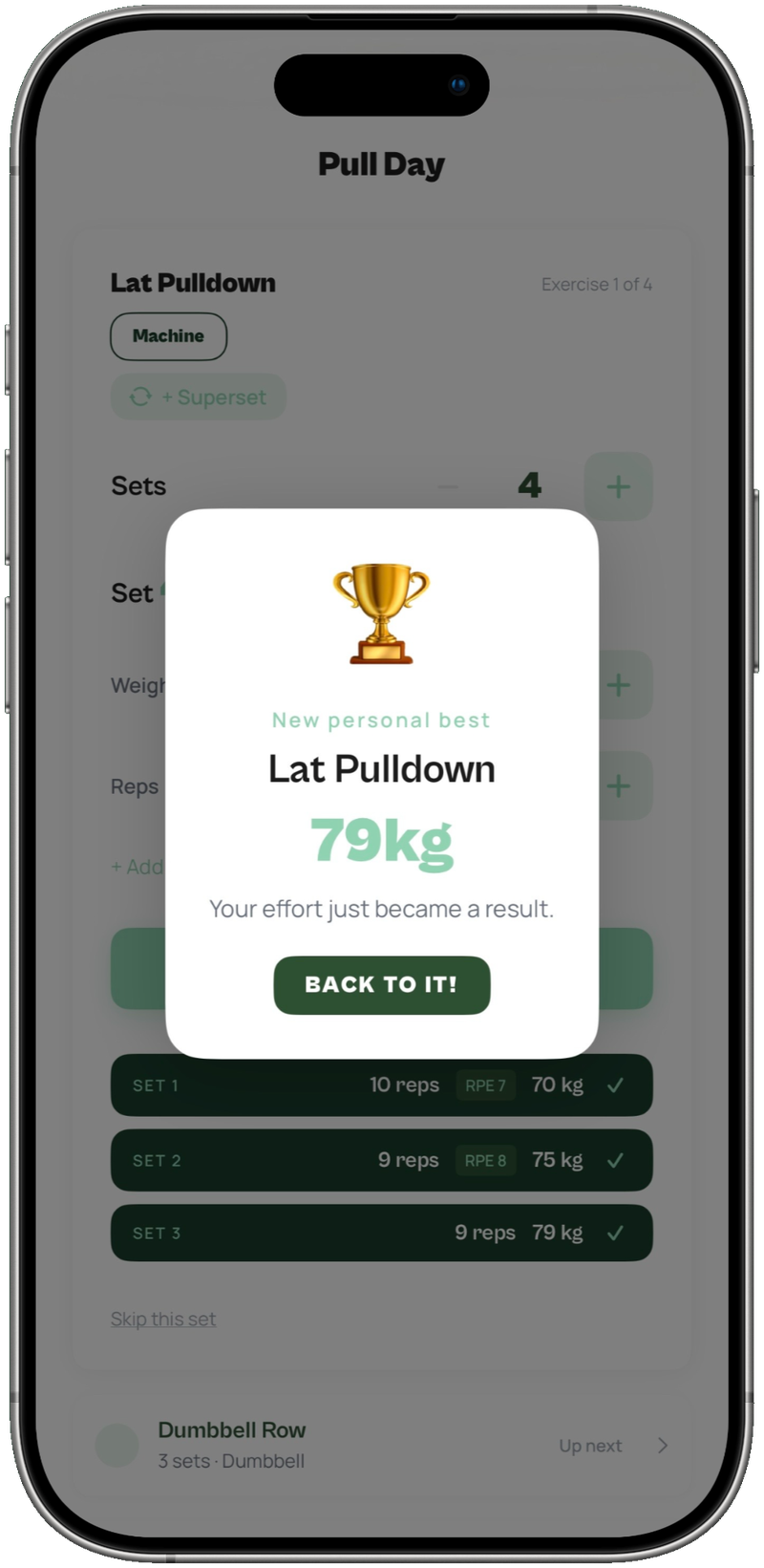 A new personal best celebration screen in Liftlern