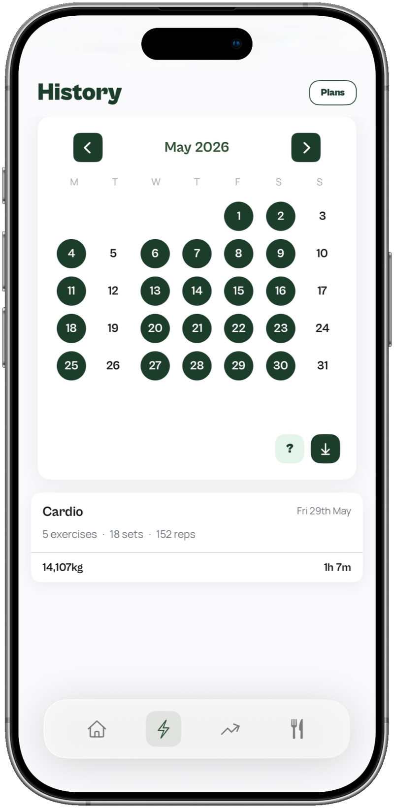 The Liftlern history calendar filled with completed training days